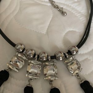 Chico's Eye Catching Black Cords Necklace With Silver Beads/Glass Stones/Tassels